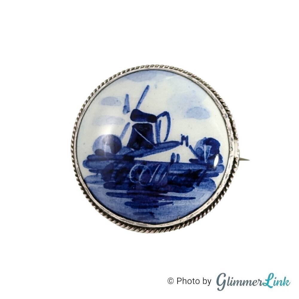Vintage Delft Dutch Windmill Sterling Silver Porcelain Brooch Pin